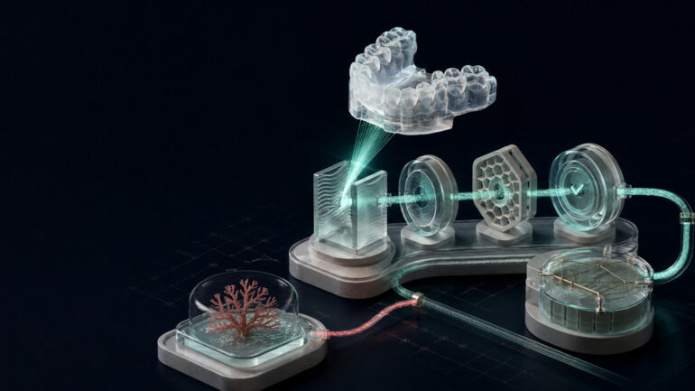 A transparent oral scan travels through capture, validation, interpretation, and receipt stations while a coral branch quarantines an unresolved finding.