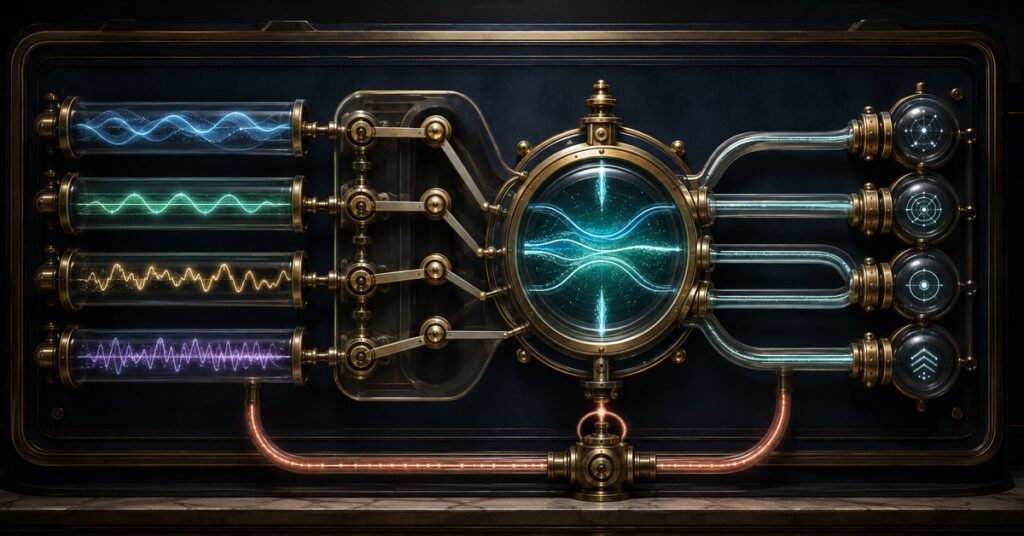 Four patient signal inputs pass through a brass-and-glass telehealth selector into a teal care core, with a coral lost-signal rescue loop returning below.