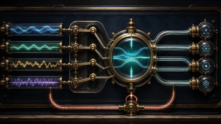 Four patient signal inputs pass through a brass-and-glass telehealth selector into a teal care core, with a coral lost-signal rescue loop returning below.