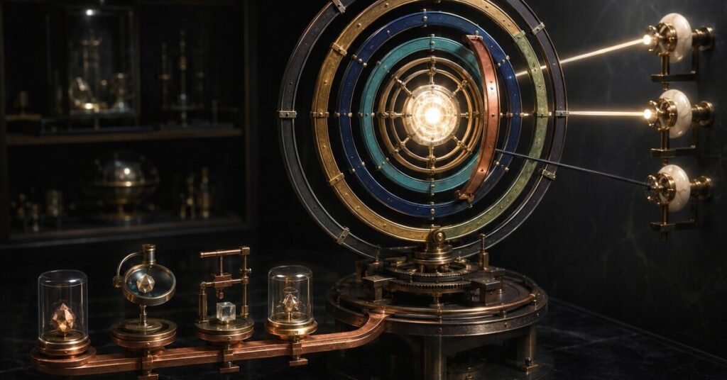 A precision brass capability orrery aligns six colored readiness rings with four work-cell beams and a Practice Readiness Passport.