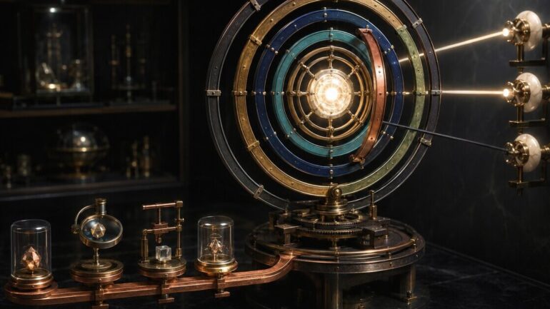 A precision brass capability orrery aligns six colored readiness rings with four work-cell beams and a Practice Readiness Passport.