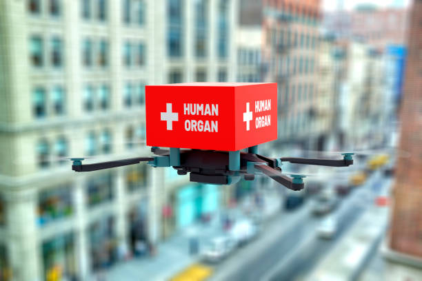Delivery drone flying in city with Human Organ Transplantation