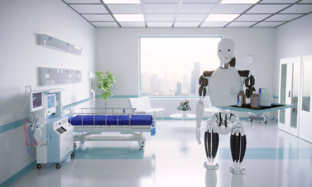 Ai based assistant robot serving in hospital room. (3d render)