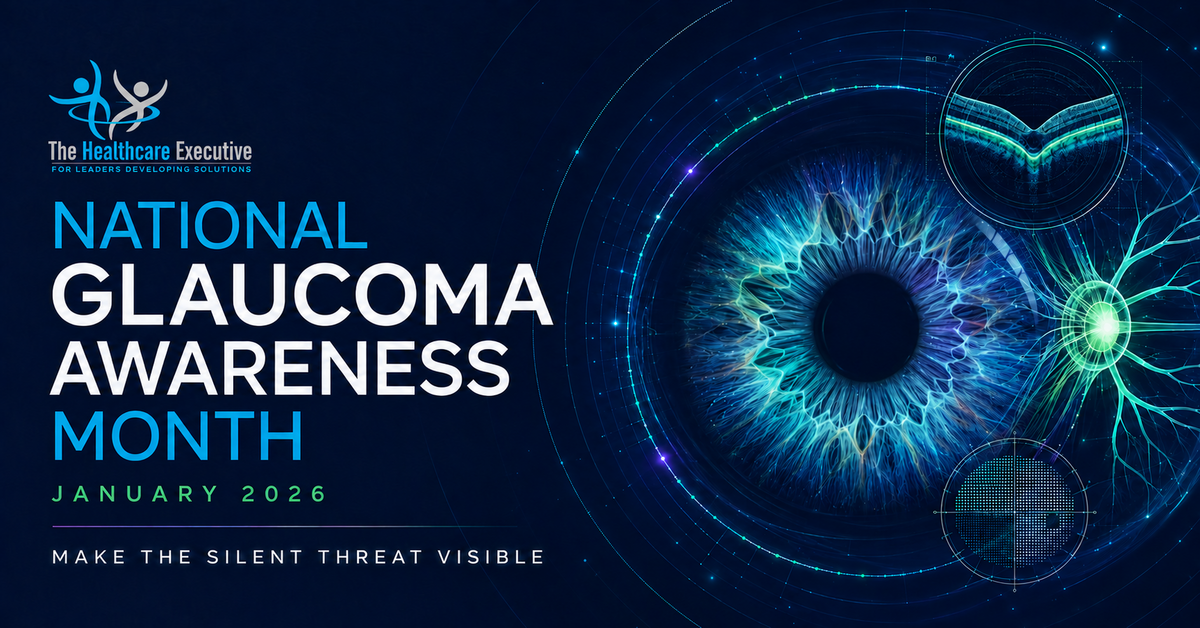 Luminous iris, optic nerve, OCT scan, and visual field interface for National Glaucoma Awareness Month 2026