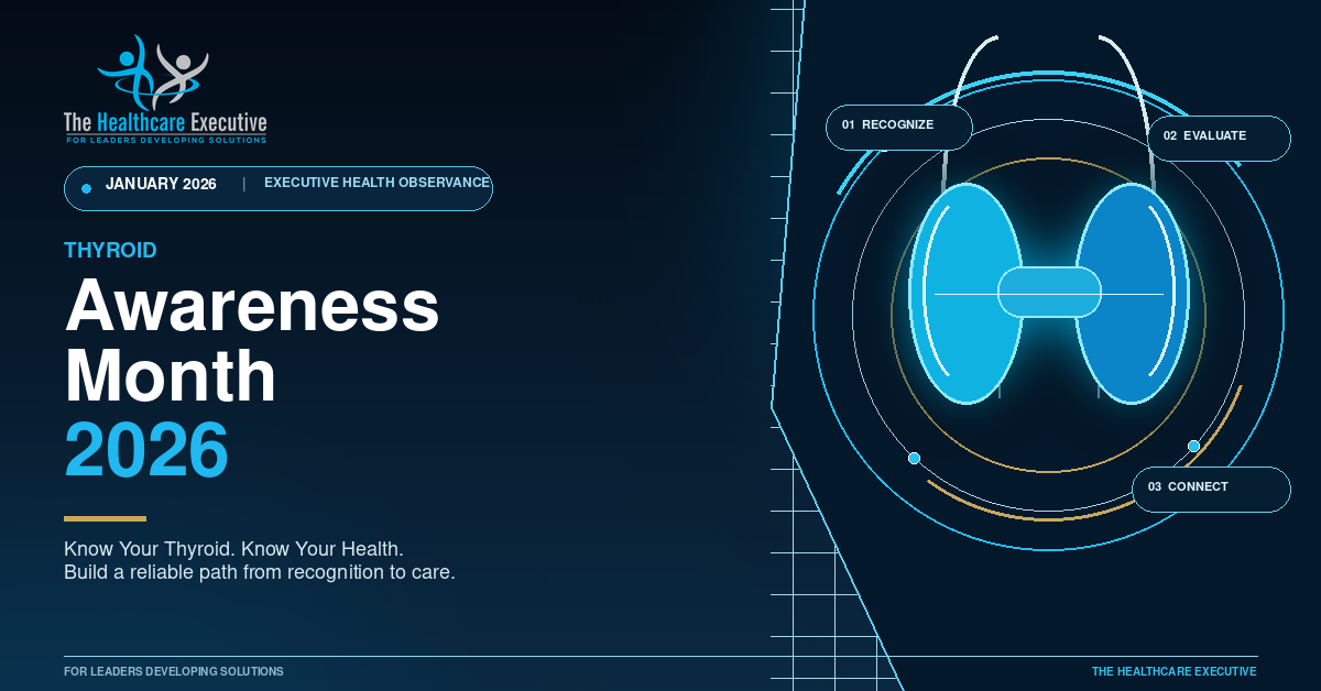 Luminous thyroid illustration with a digital clinical pathway interface for Thyroid Awareness Month 2026