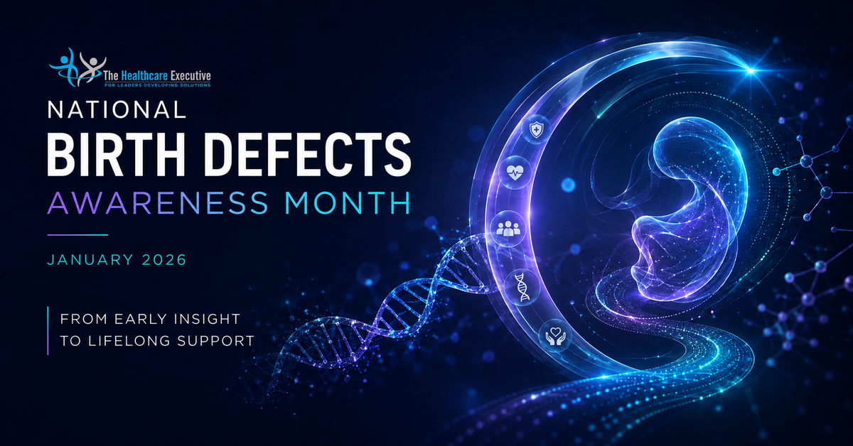 Digital-health illustration for Birth Defects Awareness Month 2026 with prenatal care pathway and The Healthcare Executive logo
