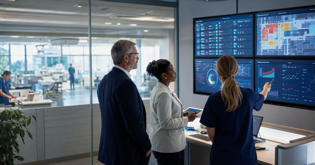 Hospital executives reviewing patient flow and capacity dashboards in a hospital operations command center