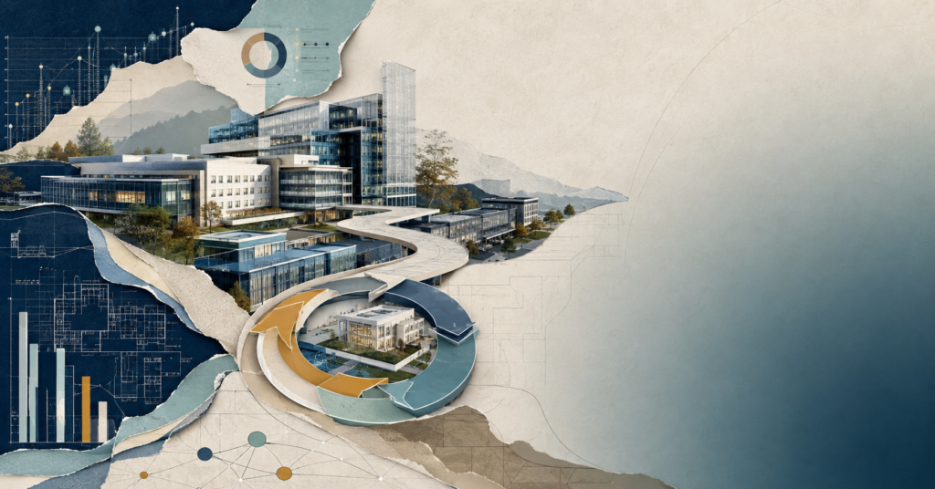 Conceptual aerial blueprint of a resilient hospital campus with adaptable care zones and infrastructure connections.