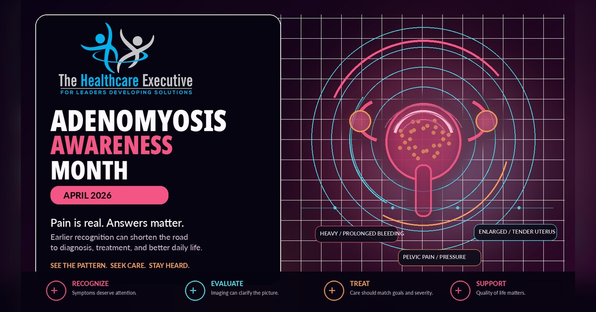 Adenomyosis Awareness Month 2026 approved hero illustrating symptoms, recognition, evaluation, treatment, and support.