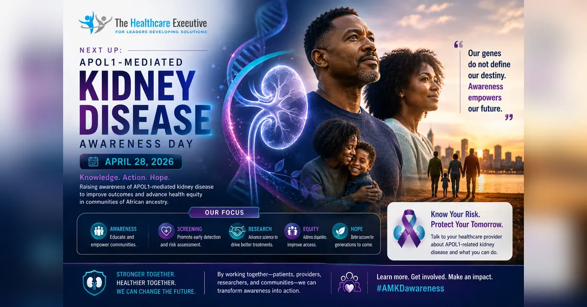 APOL1-Mediated Kidney Disease (AMKD) Awareness Day 2026 cinematic editorial hero using a kidney motif in a lattice depth composition, with The Healthcare Executive transparent logo.