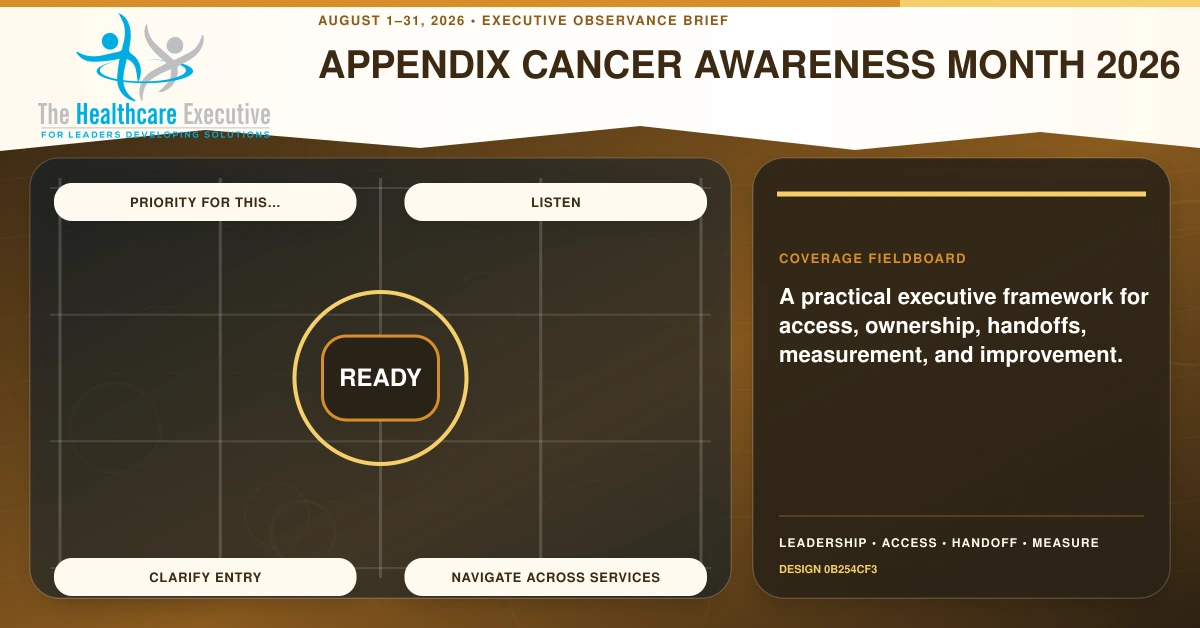 Appendix Cancer Awareness Month 2026 coverage fieldboard connecting Priority for this…, Listen, Clarify entry, Navigate across services in a distinct executive operating pathway.