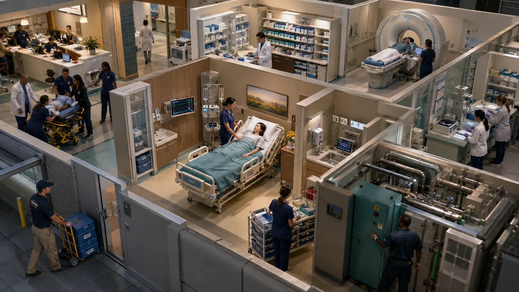 A cutaway hospital ecosystem showing emergency care, pharmacy, diagnostics, bedside devices, facilities, staff, and external support working as interdependent services