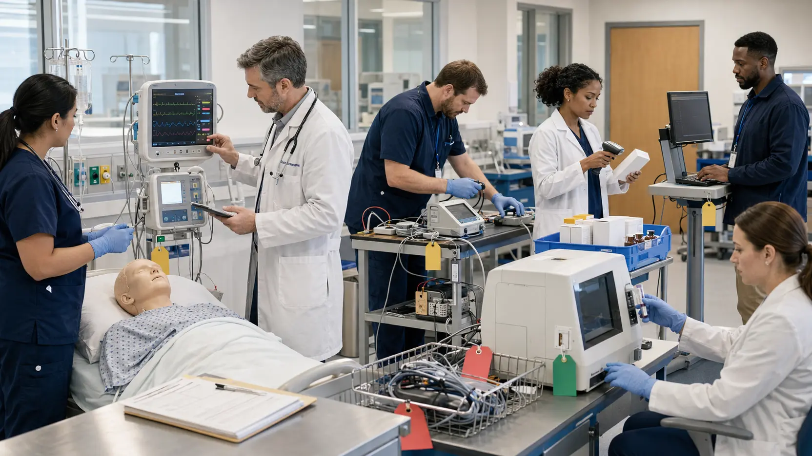 Clinicians, biomedical engineering, pharmacy, laboratory, and information technology teams jointly validating restored hospital systems and devices before clinical release