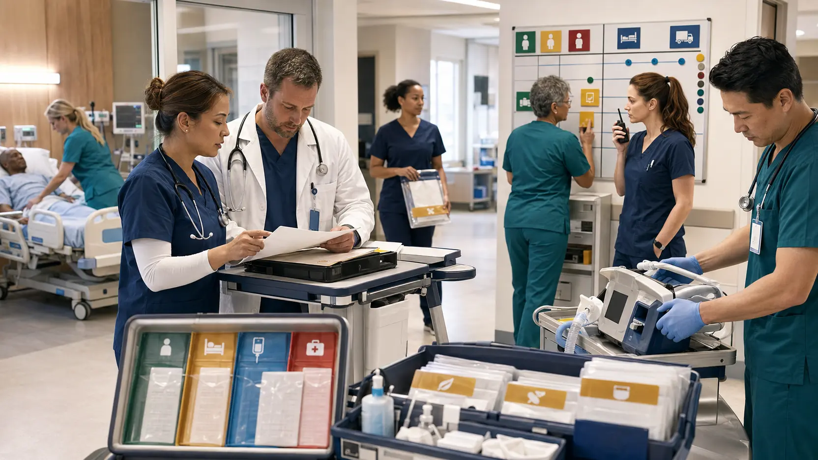 A multidisciplinary hospital team calmly operating with approved paper workflows, radios, downtime kits, and a shared incident command board during a digital disruption