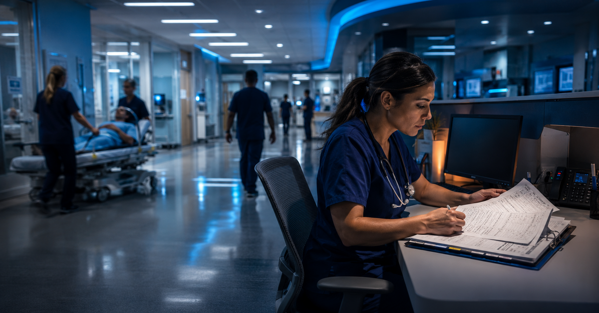 A nurse coordinates patient care in a hospital corridor while clinical teams move patients through acute care.