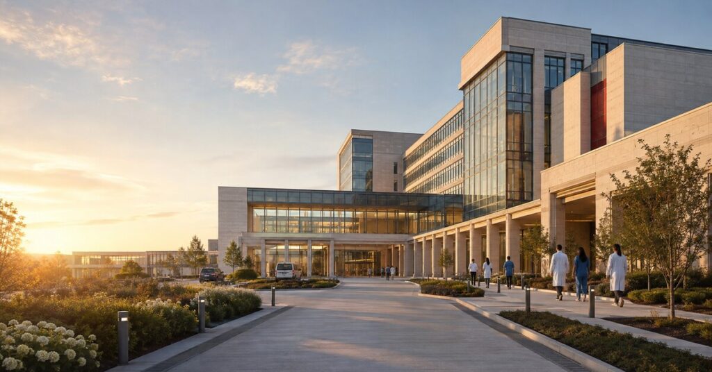 Modern hospital campus at sunrise representing financial resilience, operational renewal, and protected access to care.