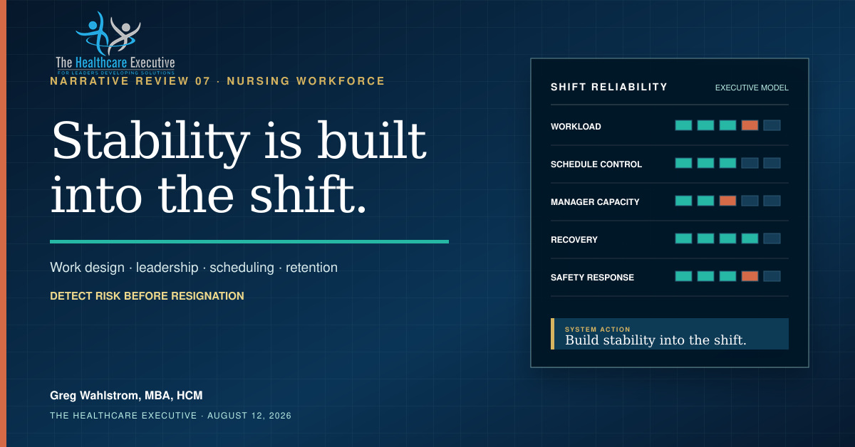Hospital nursing workforce stability operating system for workload, scheduling, leadership, safety, and retention.