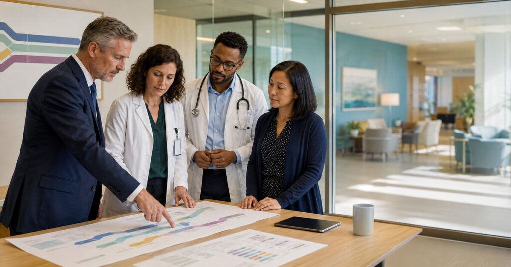 Hospital, primary care, behavioral health, and community leaders reviewing an integrated behavioral health care pathway
