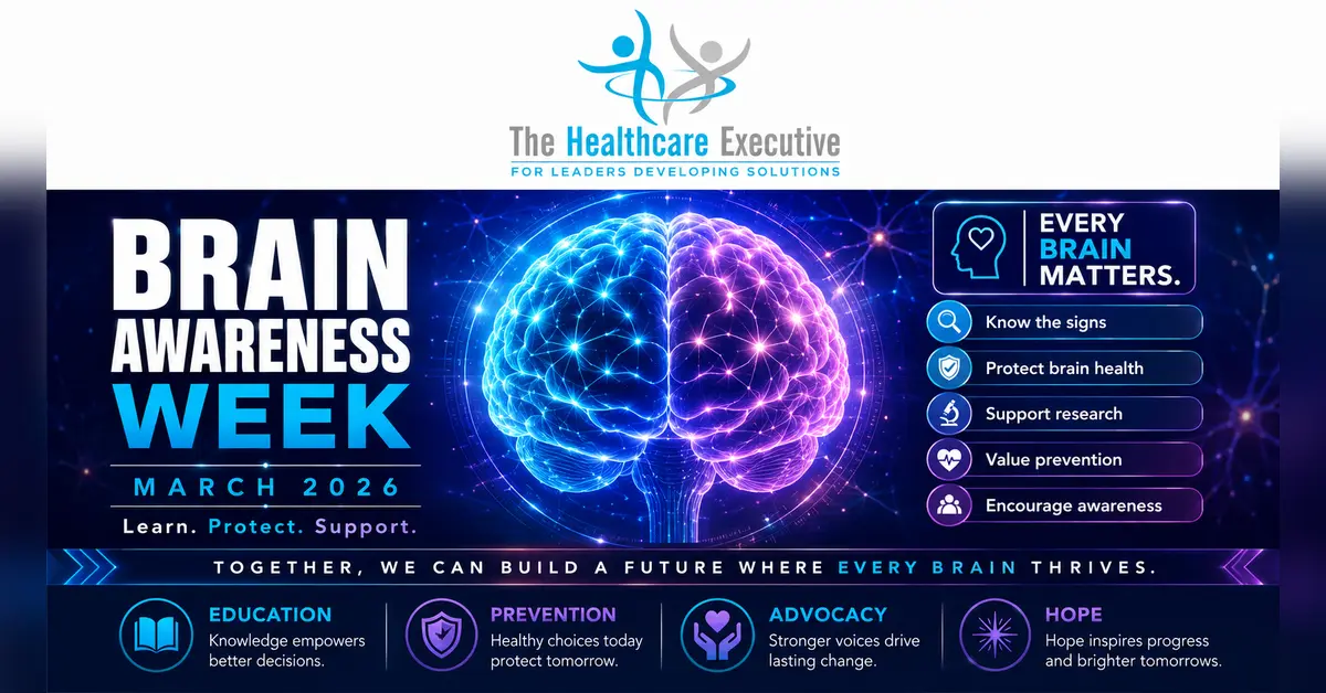 Brain Awareness Week 2026 cinematic editorial hero using a neuro motif in a signal wave composition, with The Healthcare Executive transparent logo.