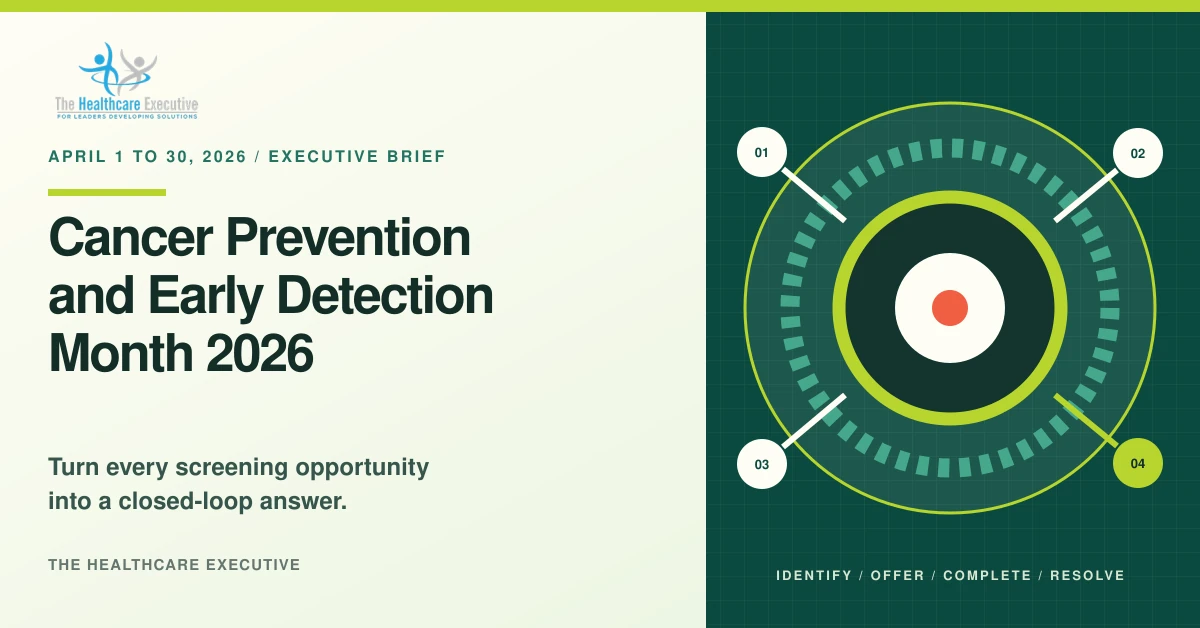 Cancer Prevention and Early Detection Month 2026 graphic representing a closed-loop path from screening eligibility to diagnostic resolution.