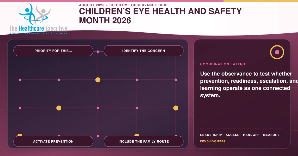 Children’s Eye Health and Safety Month 2026 coordination lattice connecting Priority for this…, Identify the concern, Activate prevention, Include the family route in a distinct executive operating pathway.