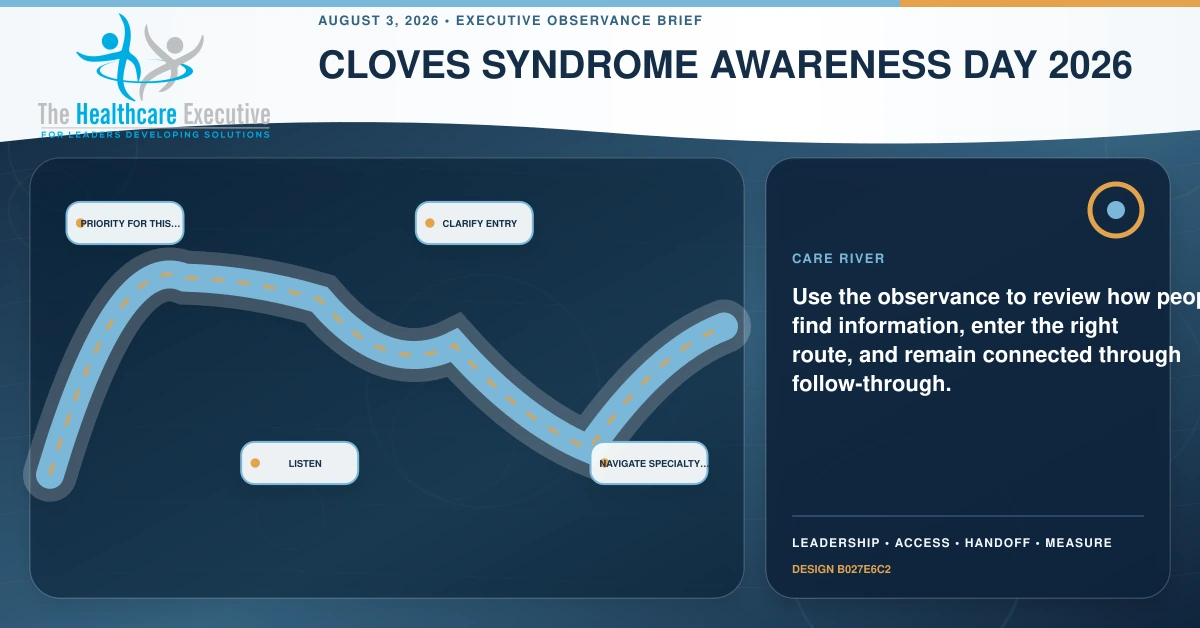 CLOVES Syndrome Awareness Day 2026 care river connecting Priority for this…, Listen, Clarify entry, Navigate specialty… in a distinct executive operating pathway.