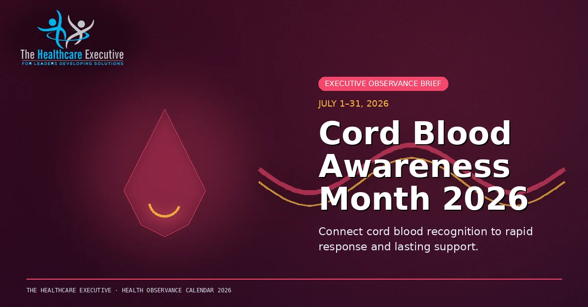 Cord Blood Awareness Month 2026 cinematic editorial hero using a blood motif in a flow ribbon composition, with The Healthcare Executive transparent logo.