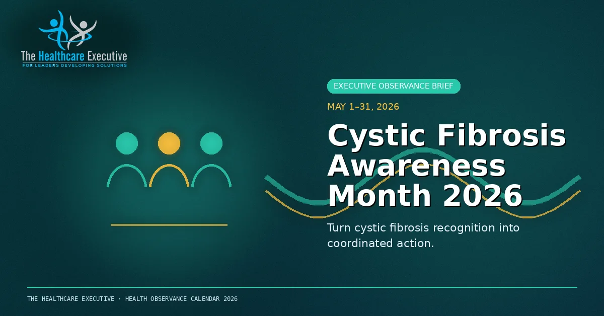 Cystic Fibrosis Awareness Month 2026 cinematic editorial hero using a public health motif in a flow ribbon composition, with The Healthcare Executive transparent logo.