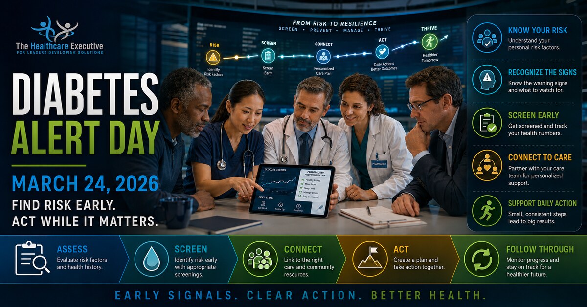 Diabetes Alert Day 2026 approved hero showing a patient and interdisciplinary care team reviewing glucose trends and an early-action plan.