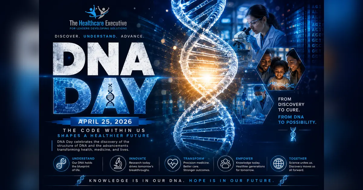 DNA Day 2026 cinematic editorial hero using a public health motif in a prism transition composition, with The Healthcare Executive transparent logo.