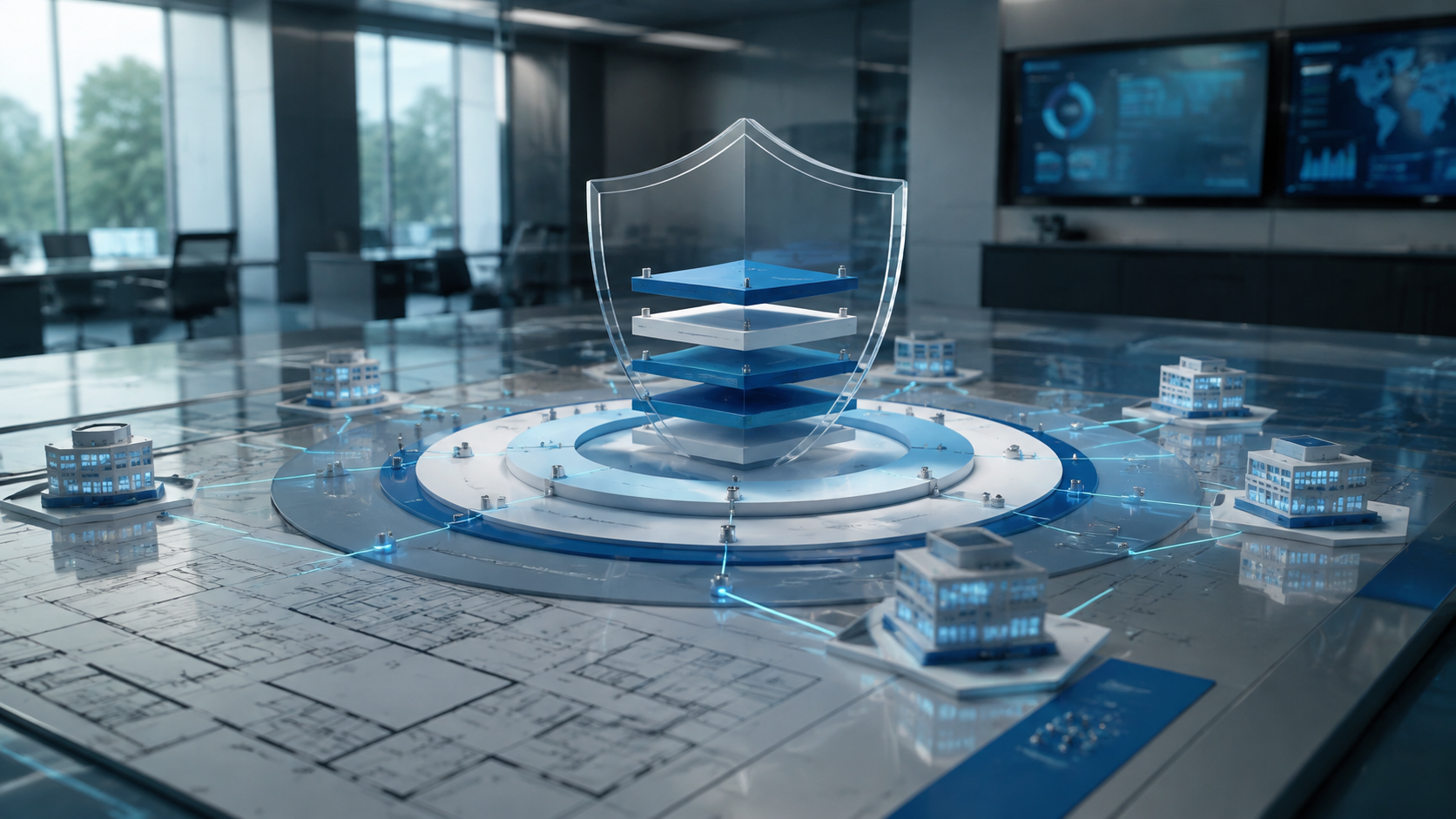 People-free executive planning model showing layered AI governance controls protecting a connected hospital system.