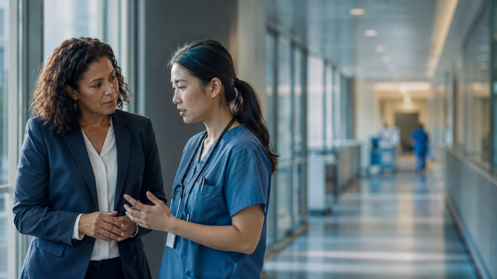 Hospital supervisor listening to a frontline clinician during a quiet coaching conversation.