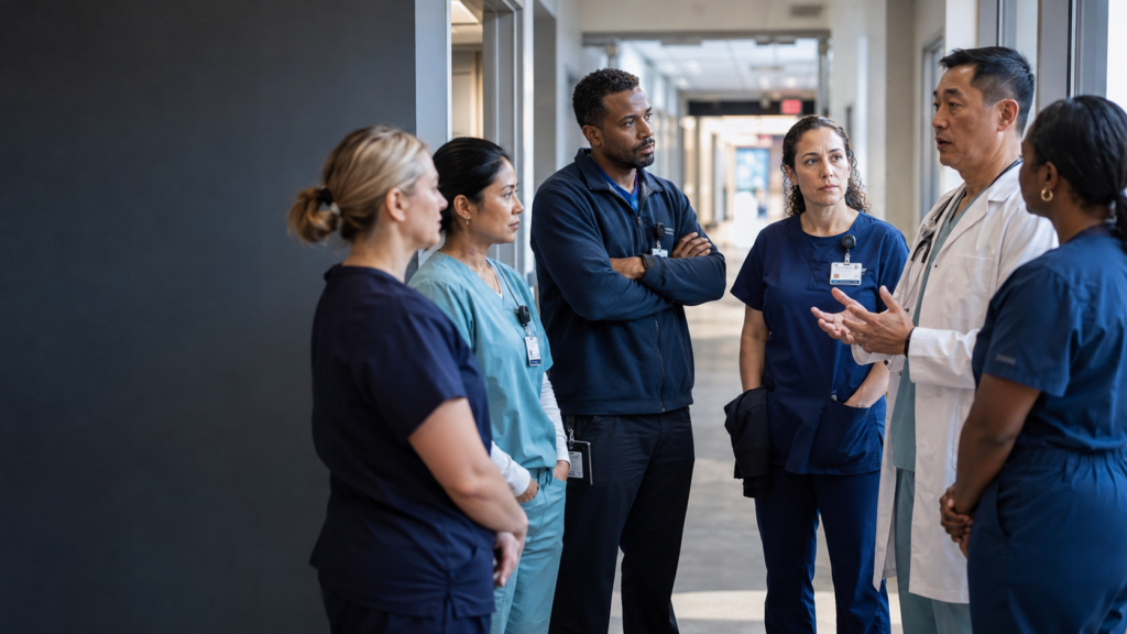 Multidisciplinary healthcare staff participating in a hospital shift-change listening circle