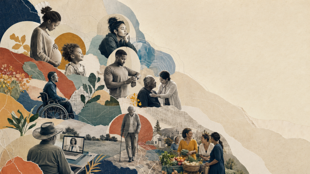 Mixed-media editorial collage showing population health across diverse life stages.
