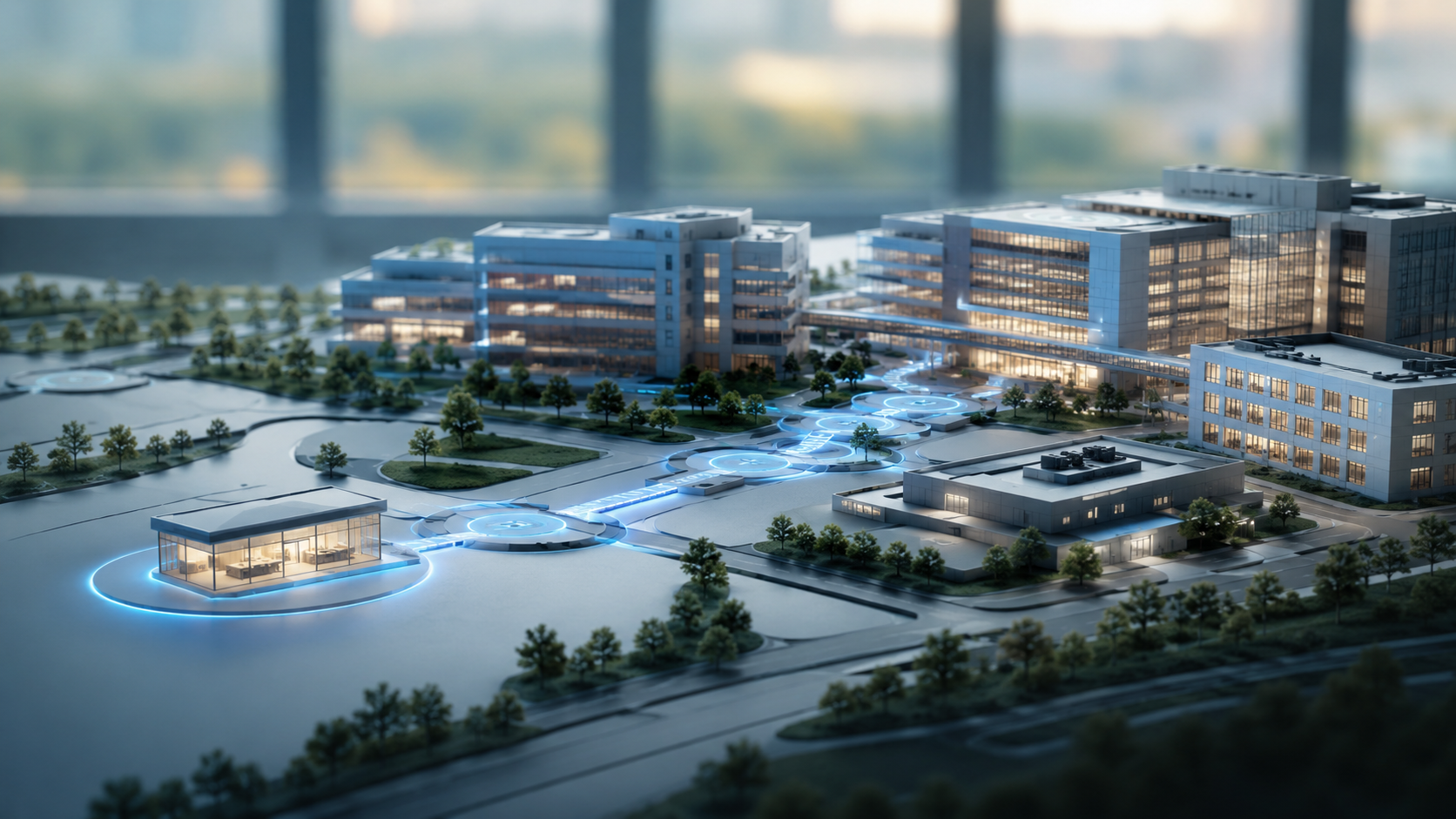 People-free architectural model showing a controlled AI pilot expanding through staged connections across a hospital enterprise.