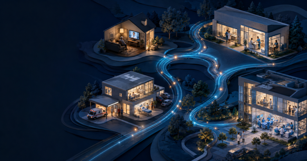 Connected telehealth ecosystem linking patient homes, community clinics, hospitals, and specialist care