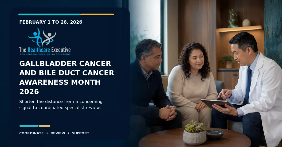 Patient and support person meeting with a specialist during Gallbladder Cancer and Bile Duct Cancer Awareness Month
