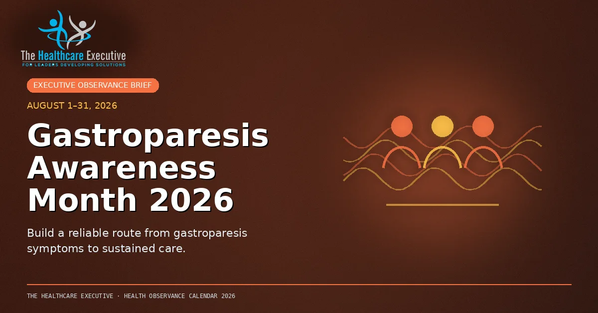 Gastroparesis Awareness Month 2026 cinematic editorial hero using a digestive motif in a signal wave composition, with The Healthcare Executive transparent logo.