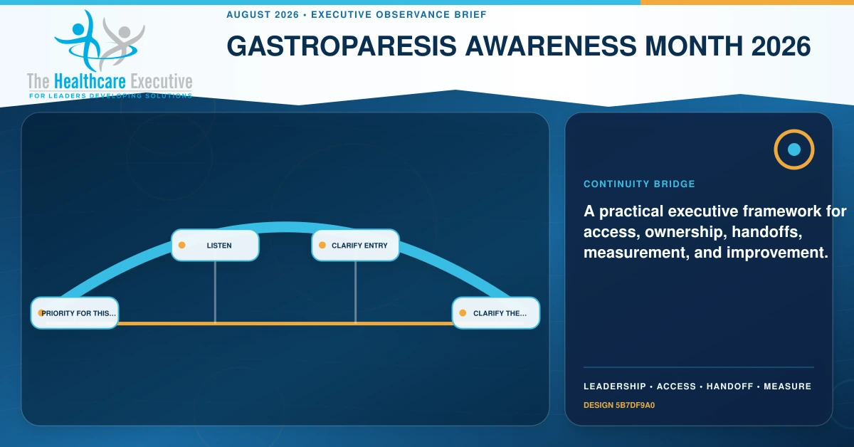 Gastroparesis Awareness Month 2026 continuity bridge connecting Priority for this…, Listen, Clarify entry, Clarify the navigation… in a distinct executive operating pathway.