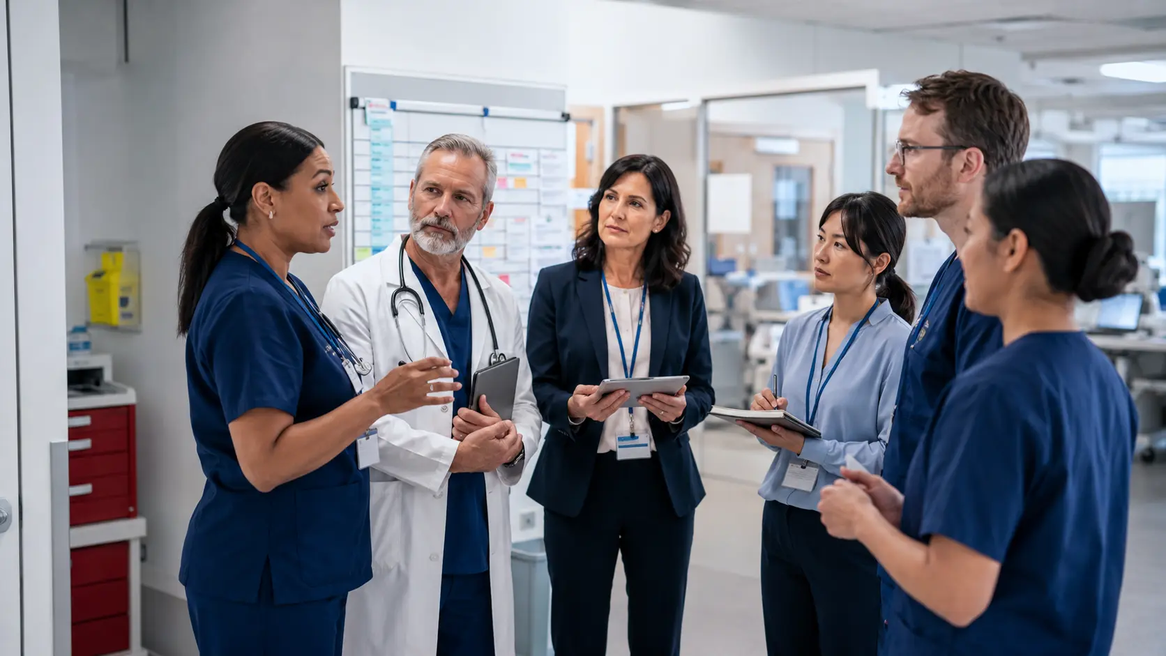 Frontline healthcare team using a structured reporting and response pathway during a safety huddle.