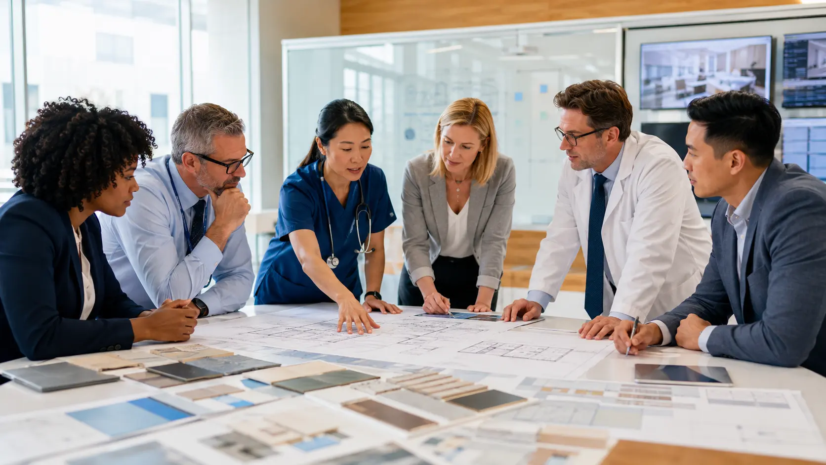 Clinical, operational, facilities, and executive leaders examining a safety control in a hospital operations room.