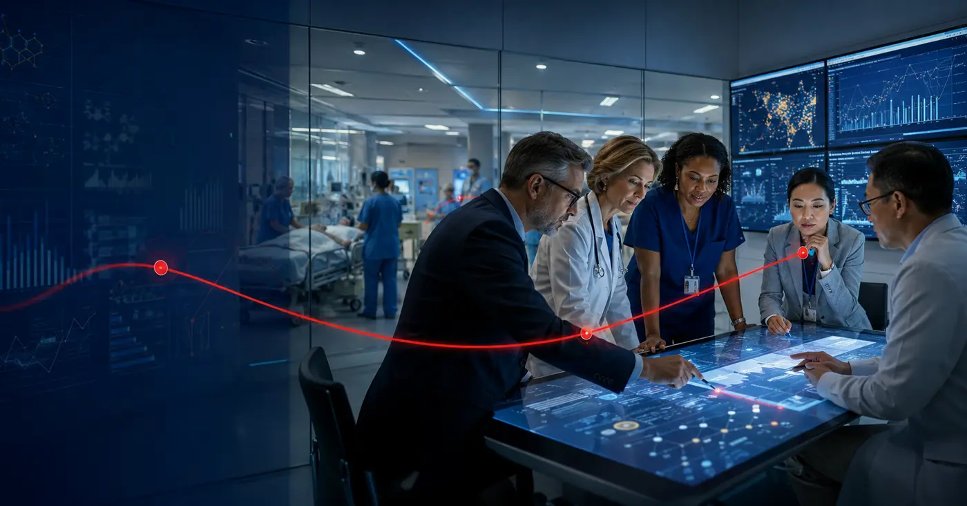Interprofessional healthcare leaders examining live safety signals in a hospital operations center.