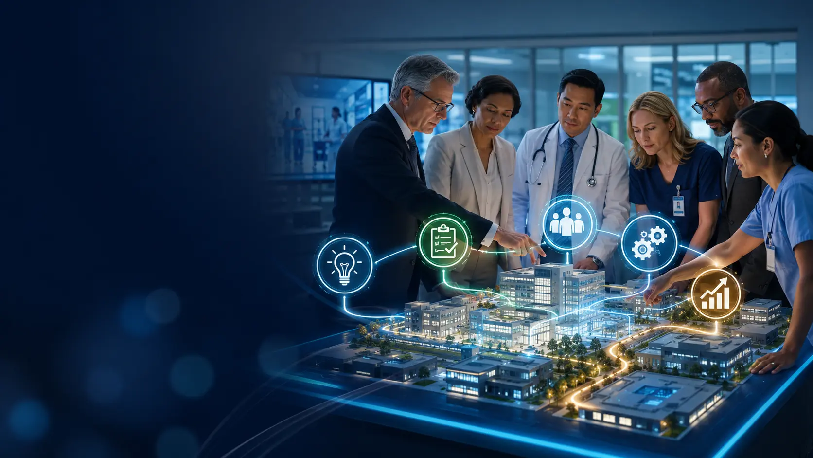 Healthcare innovation portfolio connecting frontline signals, evidence appraisal, controlled pilots, and scale decisions.