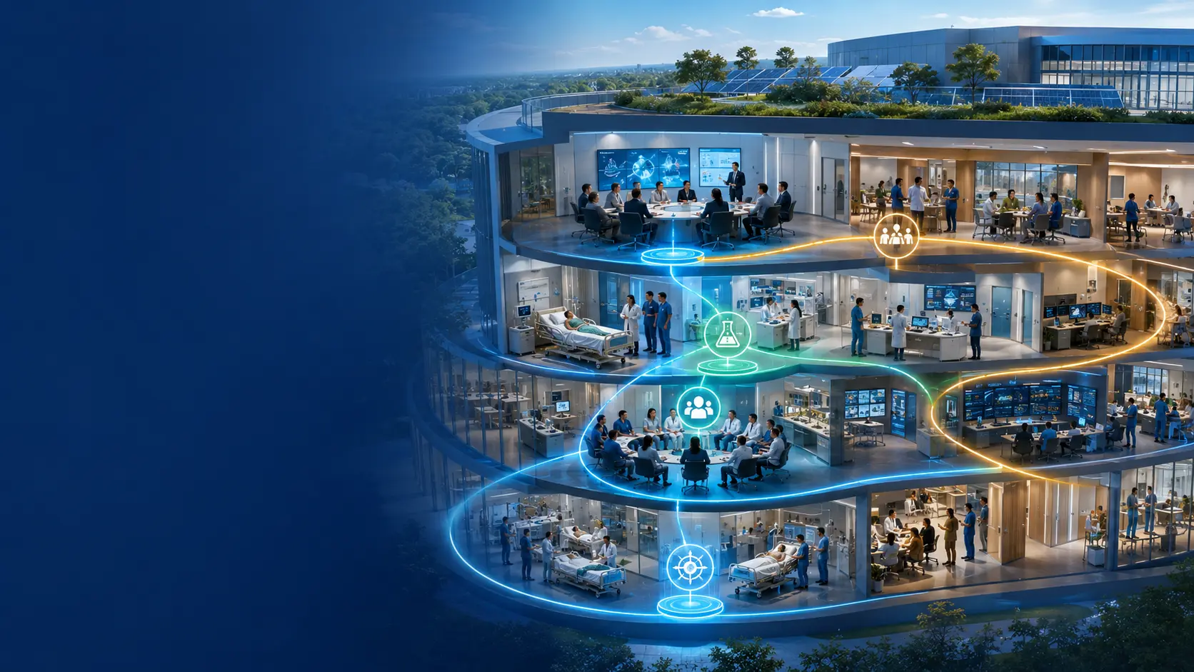 Hospital learning system connecting patient care, research, experimentation, executive review, and operations.