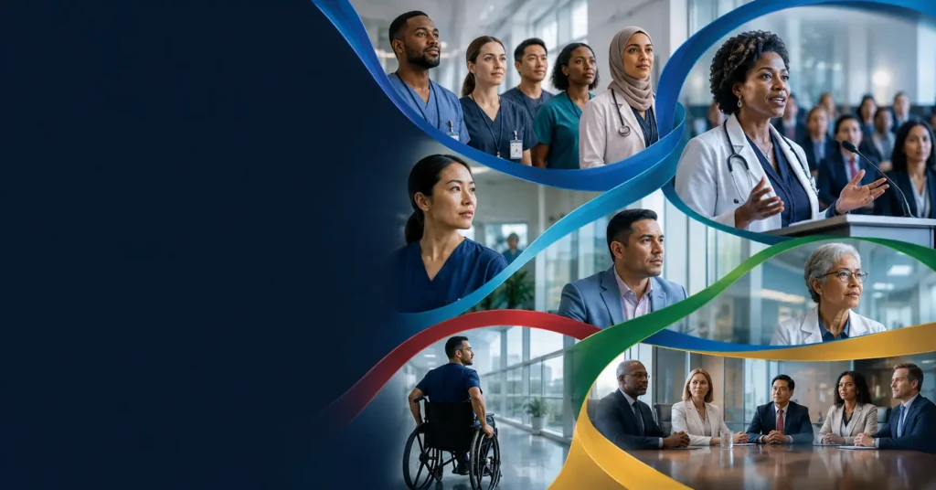 Diverse healthcare professionals and leaders connected across clinical practice, public voice, and executive decision-making.