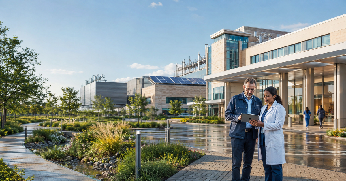 Healthcare facilities and clinical leaders on a bright climate-resilient hospital campus with solar power and stormwater landscaping