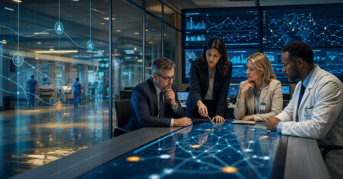 Healthcare leaders coordinating clinical continuity during a cyber incident in a hospital command center