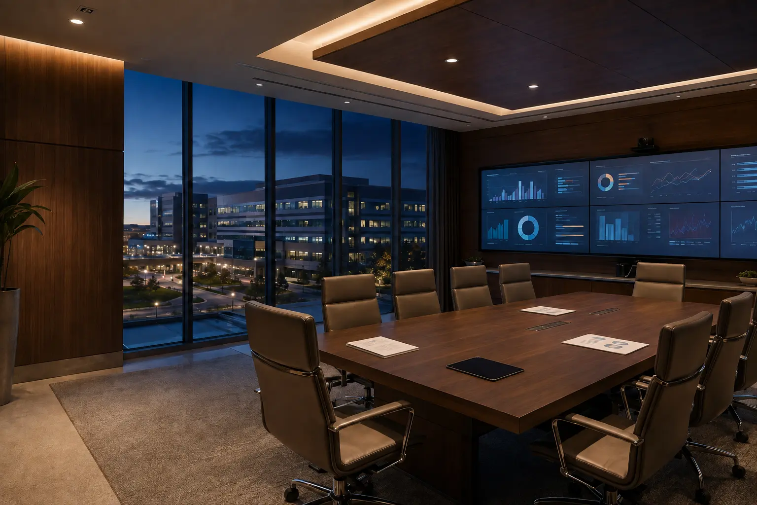Year-end hospital strategy room with healthcare analytics and planning materials