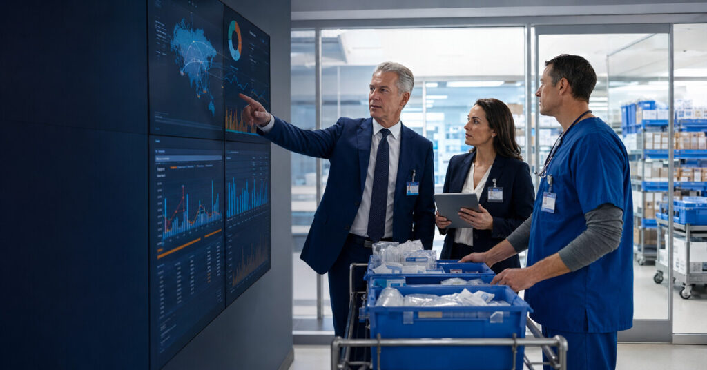 Healthcare executives and a clinical leader reviewing medical supply continuity in a hospital logistics control center