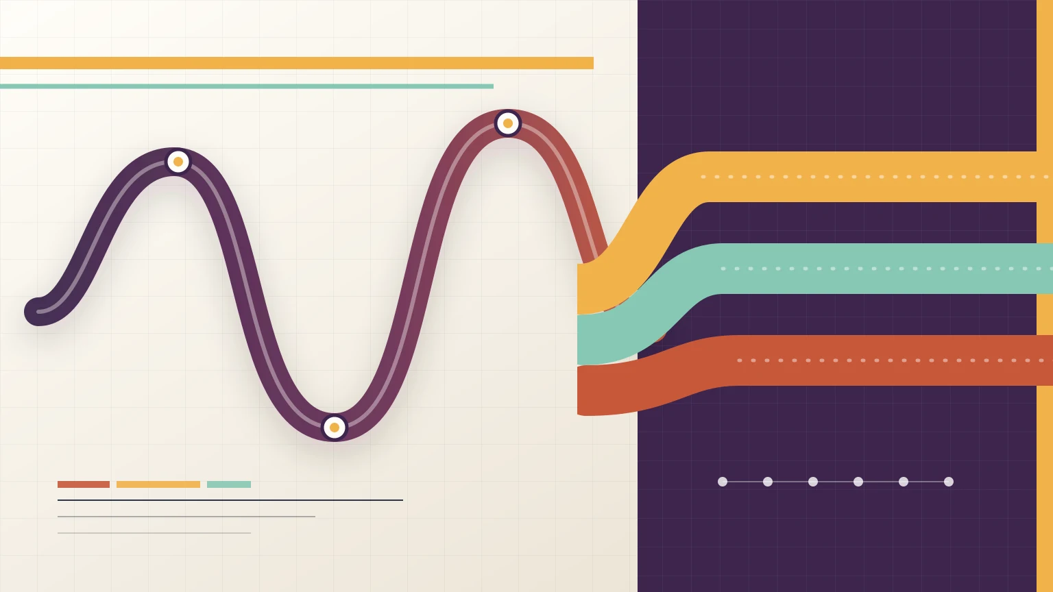An abstract plum signal loops through uncertainty, then resolves into aligned saffron, coral, and sea-glass bands, symbolizing a clearer care pathway.